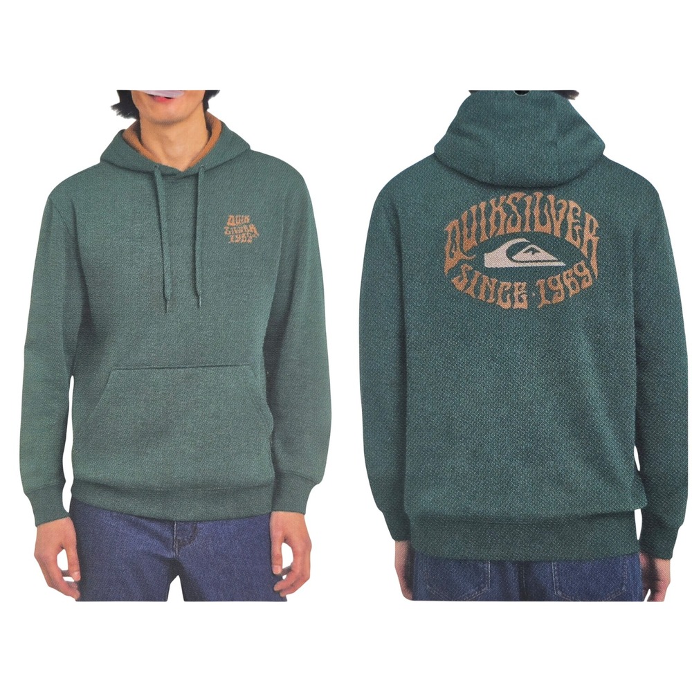Quiksilver Graphic Pullover Hoodie Men XXL Green Waffle Hood Surf Skate Gorp New